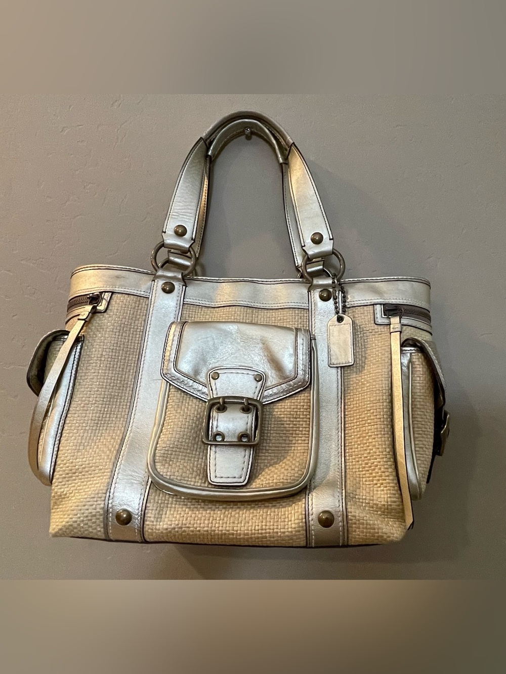 Vintage Coach Metallic Silver gold legacy straw leather large Tote Bag handbag